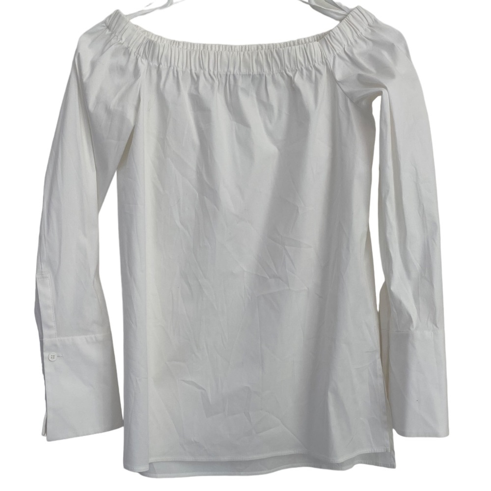 Lafayette 148 Womens Crisp White Off Shoulder Top w Tuxedo Cuff Sleeves